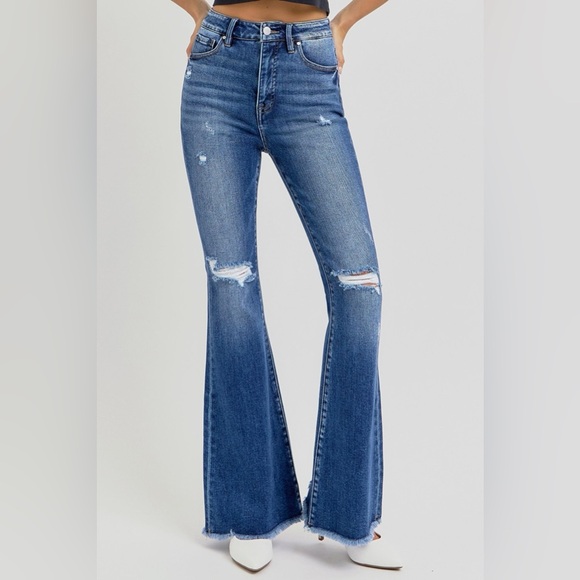 RISEN Full Size High Rise Distressed Raw Hem Flare Jeans - Picture 3 of 7